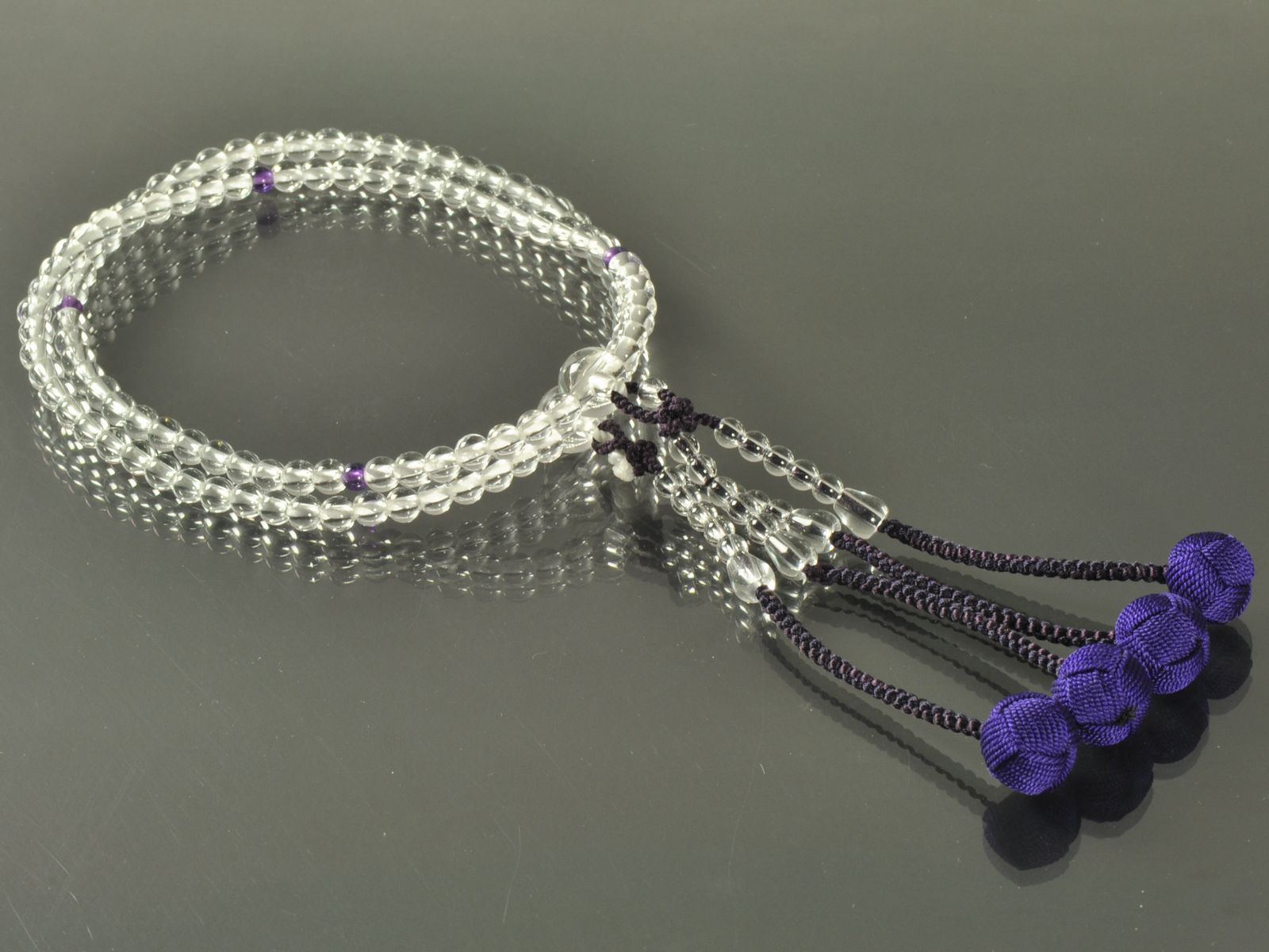 水晶に四天玉のみに紫水晶を入れた女性用振分念珠