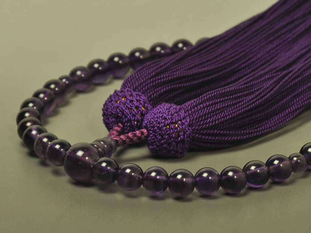 紫水晶（7mm） 正絹頭付き房（ナス紺） 女性用略式数珠 ｜ 数珠・念珠 