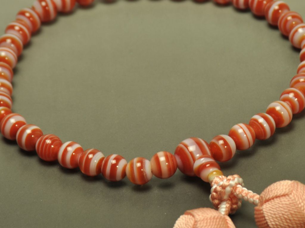 子供用数珠 【女の子用】 赤縞瑪瑙（シマメノウ） 梵天カガリ房（桃色