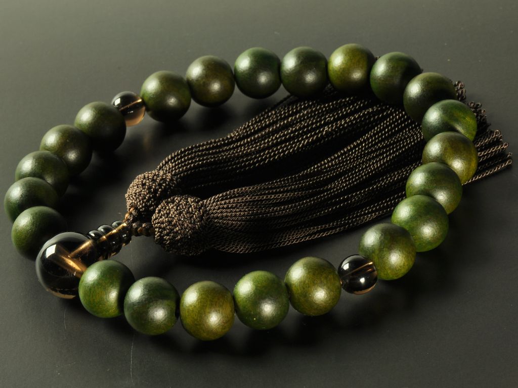 緑檀「リグナムバイタ」とスモーキークォーツ(茶水晶)の男性用数珠緑檀